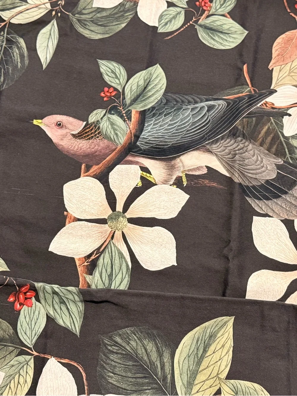 Cuddledown Standard Size Pillowcases Black Floral Bird Print James Audubon